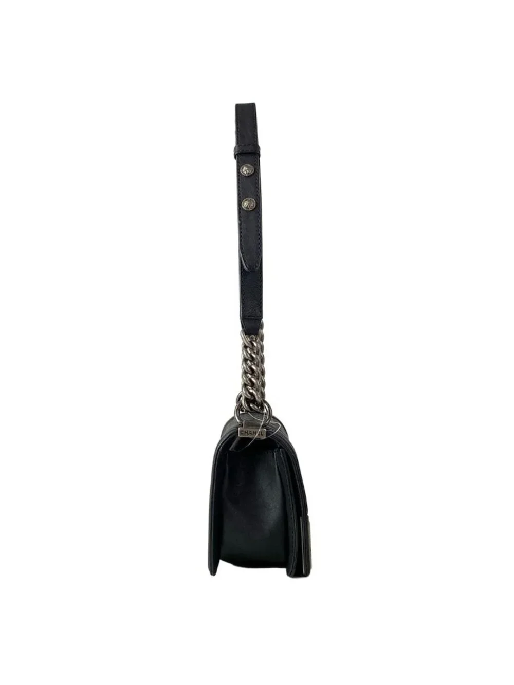 Chanel Shoulder Bag Boy Black Chain Vintage Silver Leather
